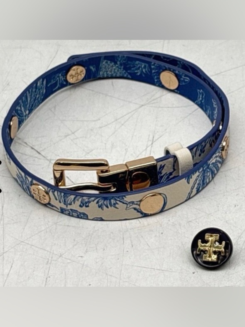 Tory Burch Reversible Double-Wrap Leather Logo Stud Navy & Ivory Toile Bracelet